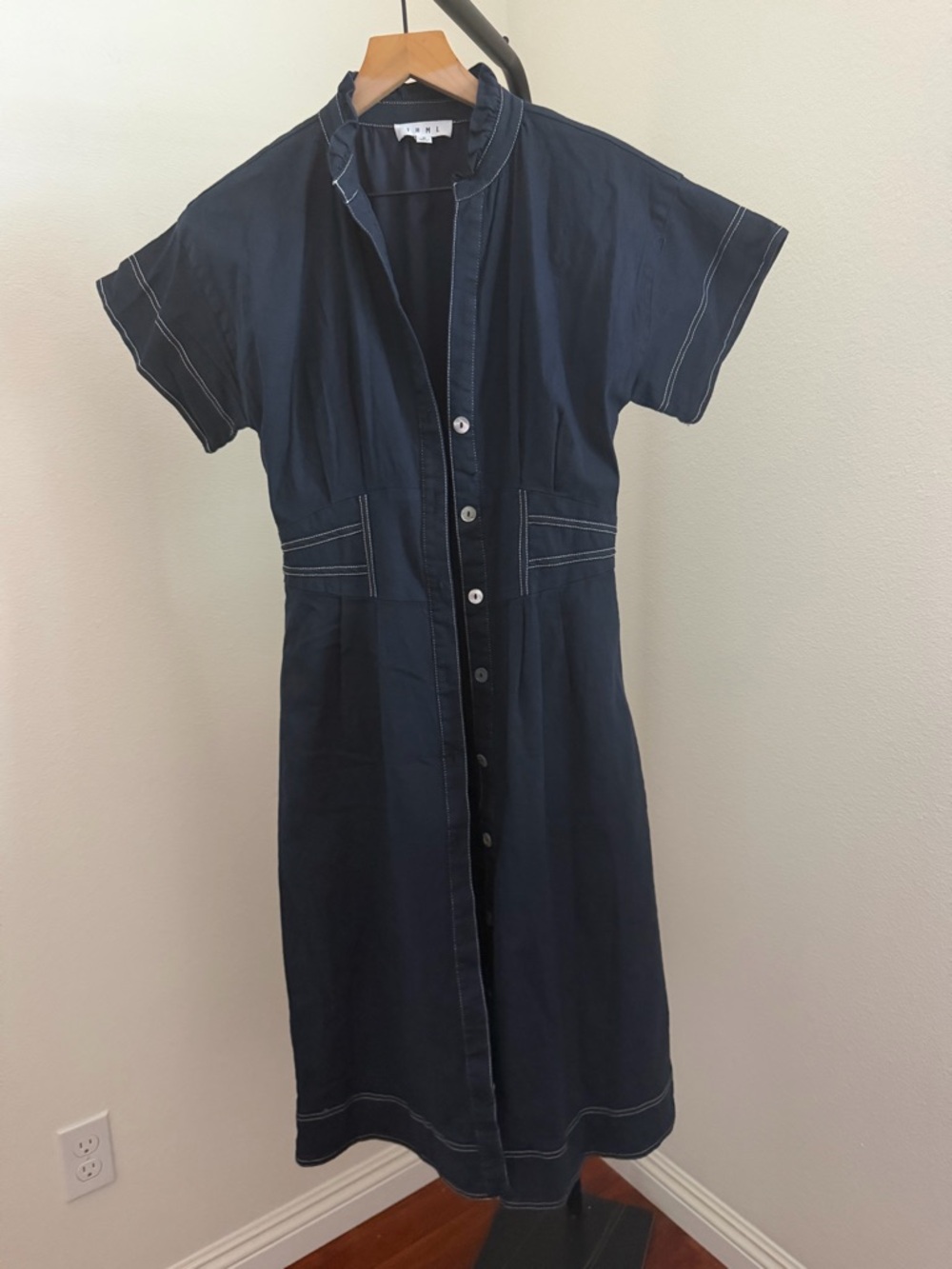 THML Navy Midi Button-Front Dress with Contrast Stitching - Picture 3 of 5